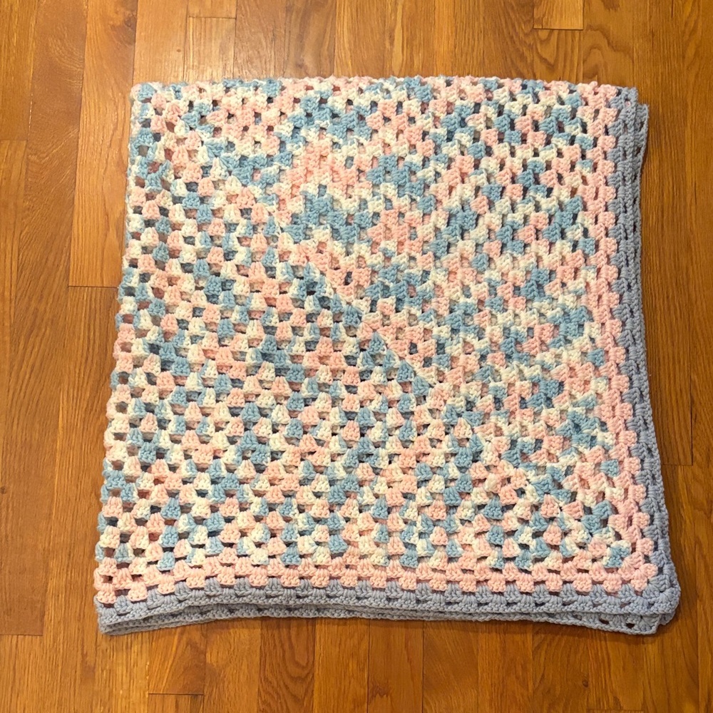Handmade Blue, Pink, and White Crochet Baby Blanket